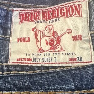 True Religion Joey Super T Dark Blue White Red Logo Patch Men’s Jeans Size 38